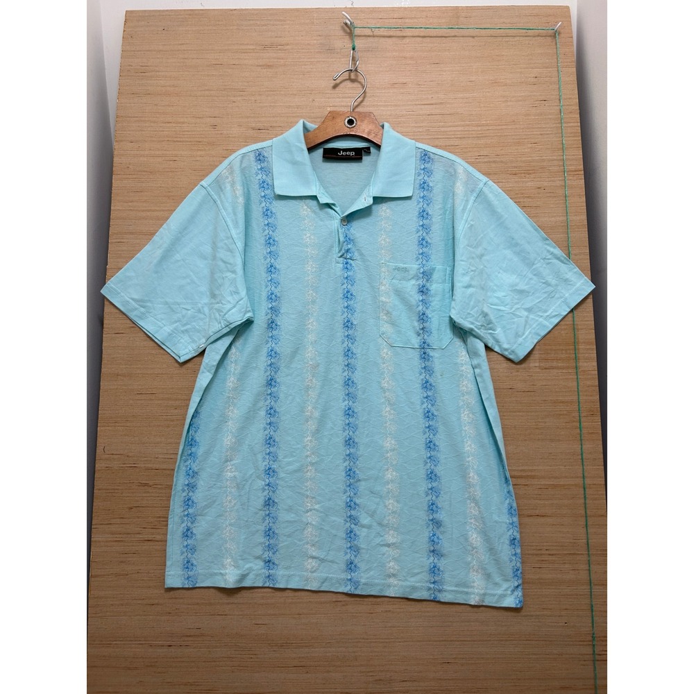 Jeep Mens Polo Shirt Light Blue Textured Wavy Stripe Short Sleeve Size 175/92B